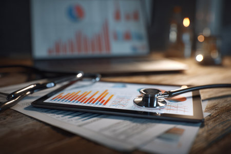 A close-up view displays a tablet and stethoscope resting on a wooden surface, with graphs visible on the screen. The scene includes additional documents and a laptop, suggesting a medical or analytical context. The lighting creates a slightly dim atmosphere suitable for informational and presentation uses.の素材