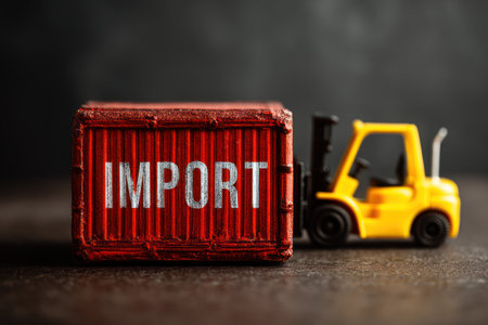 A close-up captures a small red container bearing the word IMPORT beside a miniature yellow forklift. The image uses a shallow depth of field, with the subjects in focus against a dark, textured background. This composition could be employed in visual communications concerning commerce or global trade themes.の素材