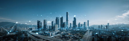 The image showcases a cityscape, dominated by tall buildings and infrastructure. Digital network lines overlay the scene, suggesting interconnectedness. Cool color tones create a modern aesthetic. The scene implies a day time outdoor environment. Suitable for articles related to technology and urban development.の素材