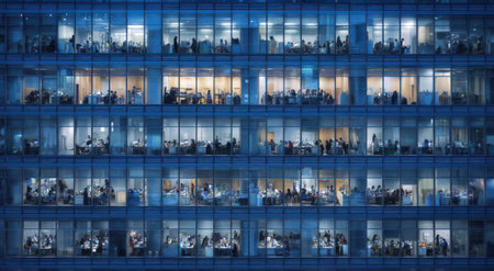 An exterior view captures a modern office building at night, illuminated with interior lights. Numerous windows reveal people engaged in work activities. The image showcases a grid composition of rectangles, bathed in cool tones. It could be used for illustrating business, finance, or technology themes.の素材