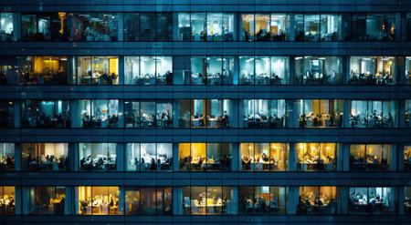An exterior view captures a modern office building at night with lit windows. The facade features a repeating pattern of windows, revealing workspaces inside. Cool tones dominate the image, with variations in lighting creating a dynamic visual effect. The scene evokes a sense of industry and activity suitable for various commercial uses.の素材