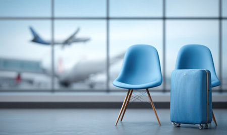 Two blue chairs and a suitcase are positioned in a waiting area, with a large window in the background. The scene has a clean, modern aesthetic with soft lighting. The composition suggests travel and waiting, with potential uses in advertising or editorial content. An airplane is visible through the window.の素材