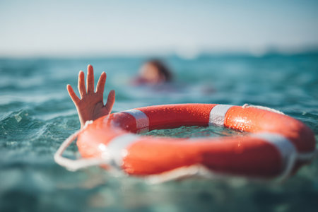 A person in open water extends a hand near a life ring, suggesting distress. The image displays a bright, daytime scene with blue tones dominating the composition. The life ring offers a visual focal point. Its potential uses span across various commercial and editorial contexts related to safety and assistance.の素材
