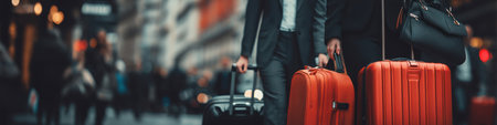 Two individuals are depicted walking while holding luggage in an outdoor environment. The image presents a blurred background, suggesting a bustling location. The composition features a shallow depth of field, with a focus on the suitcases. Suitable for travel-related or lifestyle themes, it may be used in commercial contexts.の素材