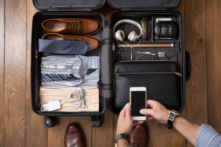 An overhead view reveals an open suitcase filled with travel necessities. Included are shoes, shirts, accessories and a smartphone held by a person. The composition uses natural lighting. Suitable for articles on travel, lifestyle, and business.の素材