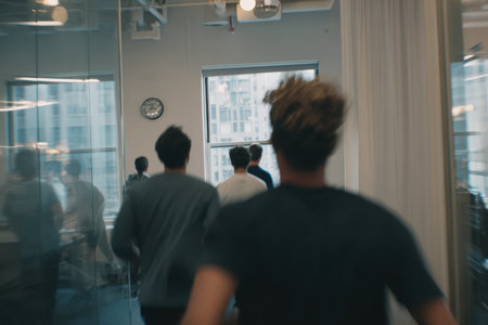A group of people are seen running through an office space. The image displays a contemporary interior with a mix of artificial and natural lighting. Reflections on glass surfaces and a view of an outside city through a window add depth. The scene's composition might suit various commercial or editorial needs.の素材