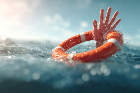 An image captures a person's hand reaching towards an orange life ring in water. The composition showcases the bright ring and a hand against a blue water background. The scene suggests a rescue scenario with potential use in illustrating themes of safety, support, and help. It can be used for various commercial or editorial applications.の素材