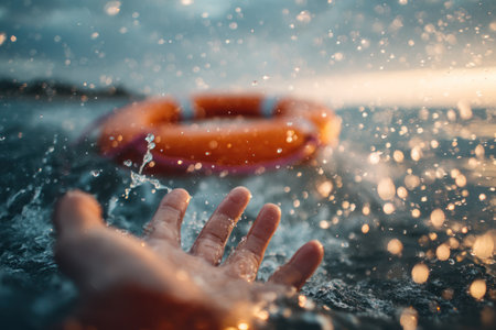An out-of-focus shot presents a hand reaching towards a vibrant orange life preserver floating on the water's surface. Water droplets create a dynamic visual effect, enhanced by the diffused sunlight. This image could be suitable for various commercial purposes, particularly those related to safety or support themes.の素材
