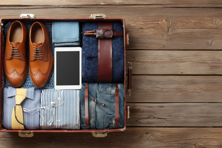 An overhead view reveals an open suitcase filled with neatly organized men's clothing and accessories. The assortment includes a pair of brown leather shoes, shirts, pants, a tie, belt, and a tablet device. The composition uses neutral tones with a wooden backdrop providing texture. This image is suitable for various commercial uses.の素材