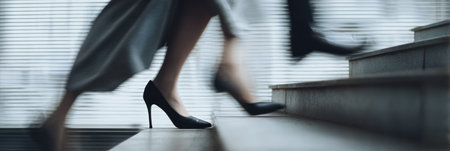 The image features two individuals ascending a staircase, with a dynamic, blurred effect conveying movement. The composition emphasizes legs and footwear. The scene is illuminated with soft light. This image could be used in various commercial applications, such as representing progress, achievement, or corporate success.の素材