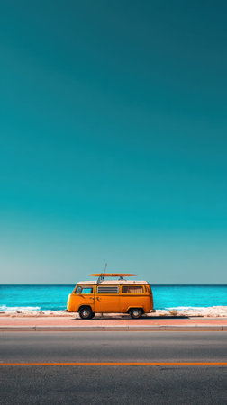 An orange vintage van is parked by the sea under a clear blue sky. The composition showcases a road next to the beach. The scene displays a colorful aesthetic with natural light and copy space. This image could be used for travel, adventure, or lifestyle themes.の素材