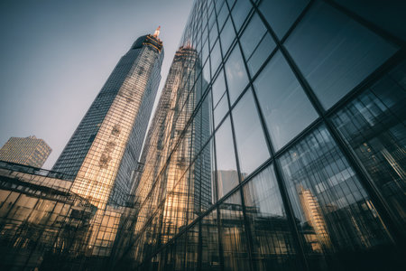 High-angle view captures modern skyscrapers with glass facades reflecting the sky's colors. The buildings, possibly offices, stand tall with a sharp focus on the glass panels. The composition showcases the building's architecture with sunlight effects. This imagery is suitable for various business or editorial applications.の素材