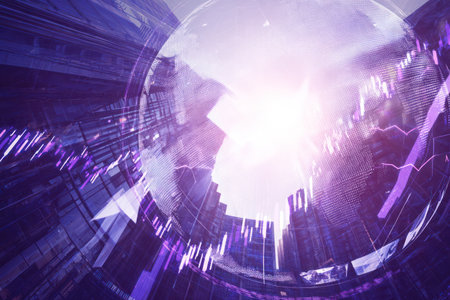 An abstract digital artwork showcases a bright light source surrounded by a complex web of lines and geometric shapes. The composition features a blend of purple and white hues, creating a futuristic atmosphere. This imagery is suitable for various applications, including technological illustrations and design projects.の素材