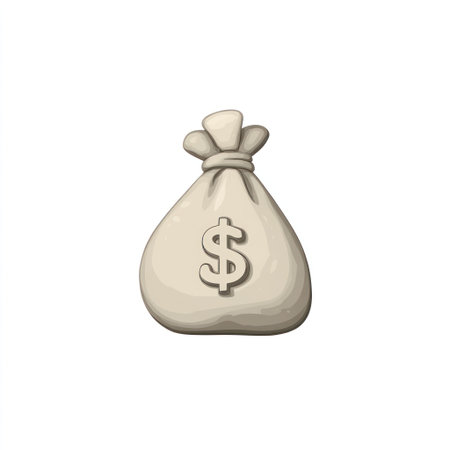 An illustration features a beige money bag adorned with a dollar sign. The artwork displays a three-dimensional style, highlighting textures and shadows against a clean white background. This design could be suitable for various financial or economic themes, suitable for advertising or educational materials.の素材
