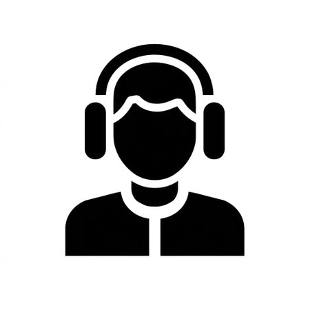 An illustrated figure of a person wearing headphones. The silhouette is entirely black, set against a white backdrop. The composition is simple, the style minimalist, with sharp lines. Ideal for visual communication, the design could be applied for educational or commercial purposes, in digital media.の素材