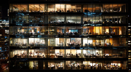 An office building with many illuminated windows, indicating work activity inside. The architectural structure features a modern design. Golden and white interior lights contrast with the dark exterior. The photograph is suitable for use in business-related projects, showcasing workspaces and industry.の素材