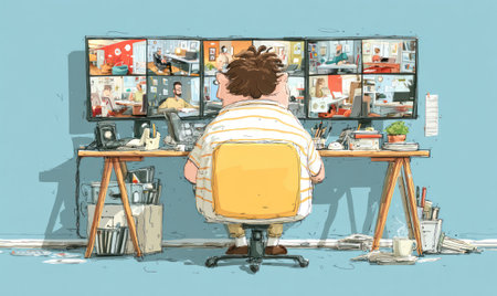 An illustration depicts a person seated at a desk, facing a series of screens displaying multiple video conference participants. The artwork utilizes bright colors and a cartoon-like style. The composition suggests a remote work environment, potentially for business and marketing purposes, or conceptual use.の素材