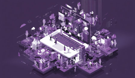An isometric illustration depicts a laptop and smartphone surrounded by miniature figures. The image features a monochromatic purple palette. The scene suggests digital connection and community. The style is modern, with overhead lighting. Suitable for use in technology articles or presentations, and other commercial contexts.の素材