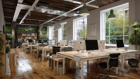 An interior shot showcases a modern office setup with rows of desks and computers. The scene features natural light streaming through large windows, illuminating a wooden floor. The composition includes overhead lighting and greenery, offering a clean, contemporary aesthetic. This image is suitable for various commercial uses.の素材