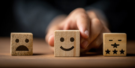 A hand selects a smiley face block, part of a set of wooden blocks with varying facial expressions. The composition features soft lighting and a shallow depth of field, highlighting the chosen block. The image suggests concepts related to customer satisfaction, feedback, and positive experiences, suitable for various commercial uses.の素材