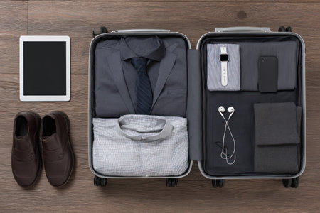 An overhead view presents an open suitcase filled with neatly packed clothing and accessories. A tablet and pair of shoes are situated beside it. The image displays shades of gray, black, and brown. Suitable for various commercial uses, it suggests themes of travel and organization.の素材