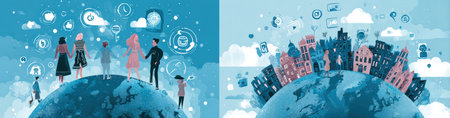 An illustration depicts people and buildings on a planet, surrounded by floating icons. The artwork uses shades of blue and earth tones. Composition and style suggest a conceptual representation of global interaction. This image could be suitable for various commercial or editorial uses, such as website design or presentations.の素材