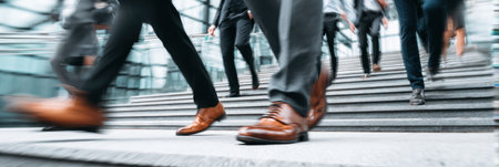 Blurred image depicts people descending outdoor steps, suggesting movement and activity. Brown shoes and dark trousers contrast against the steps, creating visual interest. The composition may be used to illustrate concepts related to urban life, business travel, or daily routines, suitable for diverse commercial applications.の素材