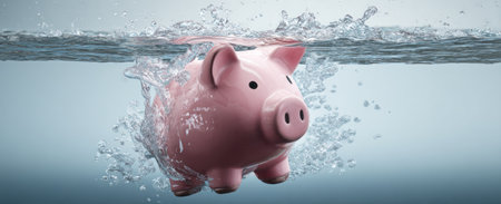 A pink piggy bank is shown partially submerged in water, creating a splash effect. The image uses a cool color palette with the light reflecting off the water's surface. This composition could be used to illustrate financial concepts, economics, savings, or investment in various commercial contexts.の素材