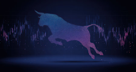A silhouette of a bull leaps upwards, set against an abstract backdrop of digital lines. The image employs a gradient of blues and purples, suggesting a nighttime or digital environment. This graphic could be used to represent economic concepts in commercial applications or editorial layouts.の素材
