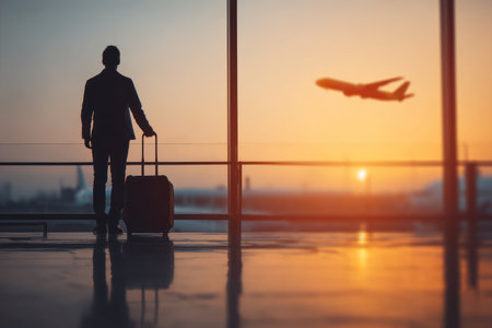 A silhouette of a person stands at an airport window, holding luggage. The warm orange and yellow tones of a sunset create a dramatic backdrop. An airplane is visible in flight, and the interior appears to be a modern airport. This image may be suitable for travel, business, or lifestyle themes.の素材