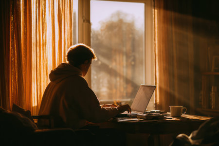 A person is shown working on a laptop near a window. The scene features warm colors from natural light, creating a silhouette effect. The composition focuses on the interior, suggesting a home or office setting. It could be used for articles about remote work or business concepts.の素材