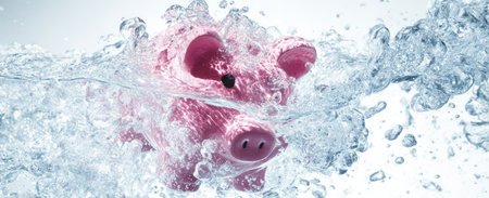 A pink piggy bank is captured within a dynamic display of water, creating an artistic splash effect. The image showcases the interplay of water and an object, with bubbles and movement suggesting fluidity. The composition could be utilized for various commercial purposes, including financial concepts or design applications.の素材