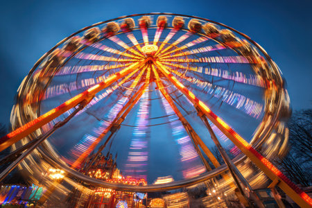 An illuminated Ferris wheel dominates the image, its motion blurred against the deep blue night sky. Warm yellow and orange lights contrast with cooler hues creating a vibrant display. The composition uses a low-angle perspective, emphasizing the wheel's size, suitable for entertainment or travel-related publications.の素材
