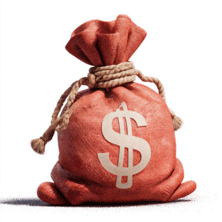 A close-up view presents a red money bag, prominently displaying a large dollar sign. The illustration showcases a textured surface, possibly suggesting a fabric. The composition utilizes overhead lighting against a white backdrop, emphasizing the bag's shape and form. This image is potentially suitable for financial, investment, and wealth-related visual projects.の素材