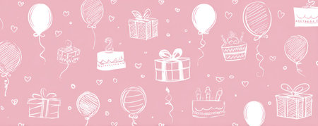 This image presents a repeating pattern featuring white outlined illustrations set against a soft pink backdrop. The design includes balloons, wrapped gifts, and cakes. The composition is simple and bright, suggesting festive celebrations or general occasions. It can be used in various commercial applications.の素材