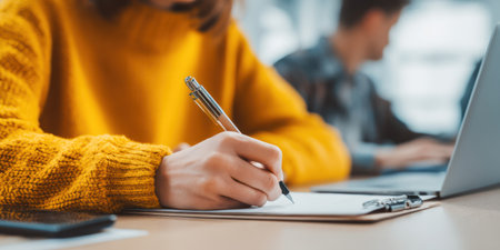 A close-up captures a person writing with a pen on paper, while another person sits nearby, with a laptop open. The warm tones of a yellow sweater contrast with the cool colors of the laptop screen. This image suits various commercial or editorial uses, such as illustrating education or workplace scenarios.の素材