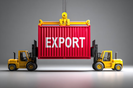 Two yellow forklifts are lifting a red shipping container. The container, bearing the word 'EXPORT', suggests an international trade theme. The composition is clean and modern, with a neutral background. This image is suitable for illustrating concepts of commerce, import/export, and global logistics for various commercial purposes.の素材