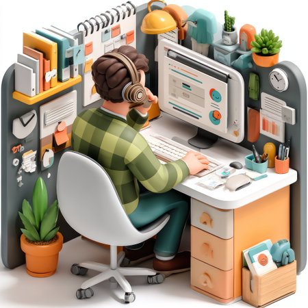 An illustration depicts a person working at a desk with a computer, surrounded by office supplies. The scene features a clean aesthetic with bright colors and soft lighting. The composition suggests a modern, organized workspace. Suitable for use in articles, websites, and presentations related to business and technology.の素材