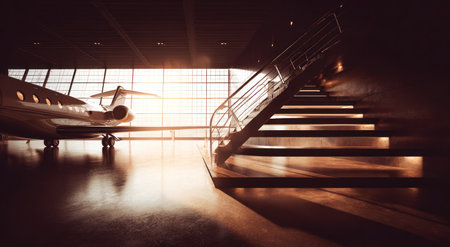 An interior shot features a private jet parked in a spacious hangar, illuminated by natural light. A set of stairs ascends towards a window, while shadows create a sense of depth. The composition focuses on luxury and travel. This image is suitable for various commercial purposes.の素材