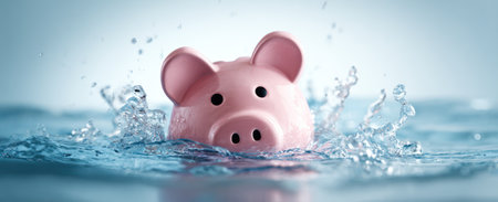 A pink piggy bank is shown partially submerged in water, creating a dynamic splash effect. The image features cool tones with blue and white hues, and the bank is the central focus. This composition might be suitable for financial, banking, and economic themes.の素材