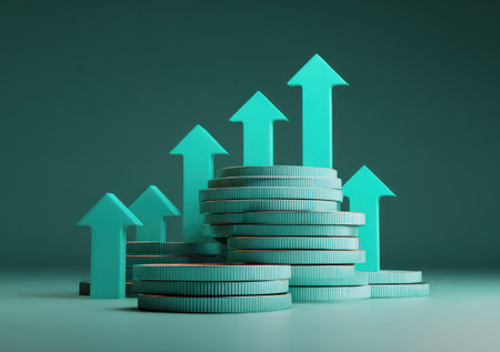 This image presents stacks of coins with ascending arrows, symbolizing financial growth. The composition features a teal color palette, with objects against a smooth background, creating a 3D effect. The visual evokes concepts of increase and success, suitable for applications in business or commercial contexts.の素材
