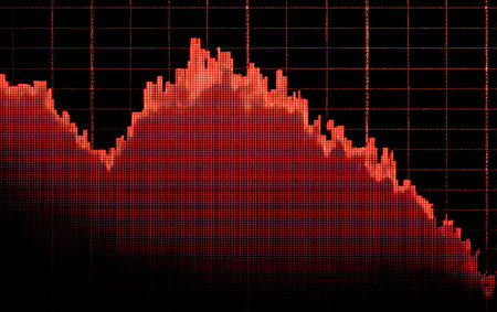 This image showcases a red financial graph depicting a downward trend. The abstract composition features a textured, digitally created design against a dark backdrop. The predominant red color suggests negative financial performance, with possible applications in business, finance, and editorial content relating to economic news.の素材