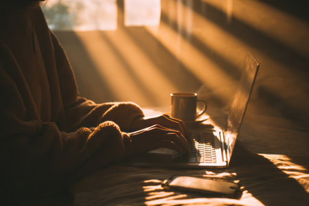 An individual uses a laptop near a window, illuminated by warm sunlight. The scene showcases a cozy atmosphere with soft shadows and a neutral color palette. This image could be suitable for articles related to remote work or lifestyle themes. It is ideal for various commercial and editorial applications.の素材