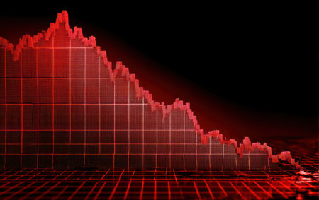 This image features a downward-trending red financial graph against a dark backdrop. The visual uses a grid and a digital aesthetic to depict the decline. The composition, with its color and form, suggests concepts such as loss and economic uncertainty. Suitable for various business, financial, and illustrative uses.の素材
