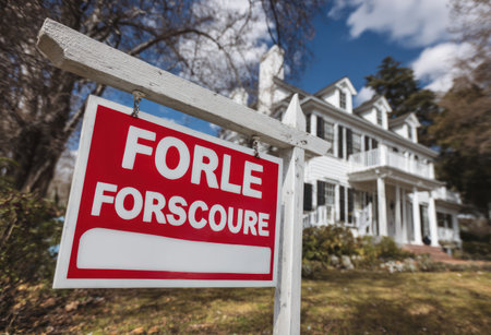 A red and white real estate sign prominently displays text, set against a blurred background of a large, white house. The scene is bathed in sunlight, suggesting a bright day. The composition emphasizes the sign, hinting at opportunities for property sale or purchase. This image is suitable for various commercial or editorial uses.の素材
