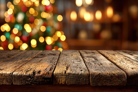 A close-up of a weathered wooden table dominates the foreground, its rough texture and warm tones contrasting with a blurred background. Out-of-focus Christmas tree lights create a festive atmosphere, suggesting a holiday scene. This composition offers copy space for commercial use, perfect for seasonal designs or editorial illustrations.の素材