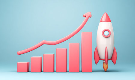 A 3D rendered image features a rising bar chart accompanied by a stylized rocket ship. The composition utilizes a pastel color palette, with pink elements against a soft blue background. This design might suit presentations on market trends, financial advancements, or corporate growth objectives, suitable for a range of commercial applications.の素材