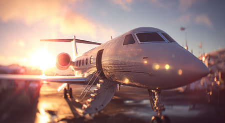 A private jet is positioned on a tarmac, bathed in the warm glow of a setting sun. The image showcases the aircraft's sleek design with vibrant colors from the sky. This photograph suggests travel and luxury, potentially suitable for advertising or editorial content related to aviation and business.の素材