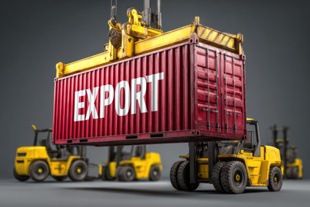 A bright red shipping container labeled "EXPORT" is lifted by a yellow forklift against a neutral background. The composition features multiple forklifts, suggesting an active cargo transfer. The scene uses detailed rendering, highlighting the container's texture. Suitable for illustrating import/export, shipping, or supply chain concepts.の素材