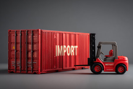 A miniature red forklift is raising a matching container against a gray backdrop. The container prominently displays the word "IMPORT". The image presents a clean, studio-style shot with focused lighting. Suitable for illustrations related to logistics, shipping, international trade, and associated commercial applications.の素材